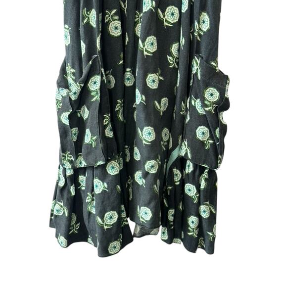 FREE PEOPLE Black & Green Floral Linen Sun Dress Pockets Size 4 - Picture 2 of 8